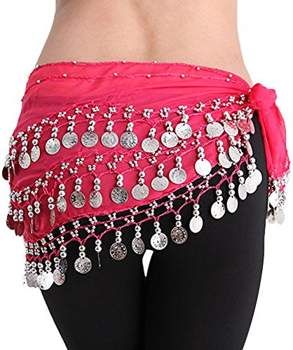 YiLang Ceinture Danse Orientale Femme Fille Foulard Danse du Ventre Belly Dance Soie Foulard à Sequin Écharpe Déguisement, rojo rosa, Talla única
