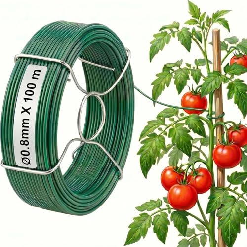 Amagabeli Fil de Fer Vert Plastifié Ø0.8mm x 100m - Fil d'Attache Acier PVC pour Tuteurage Plants, Tomates, Rosiers et Bricolage Jardin