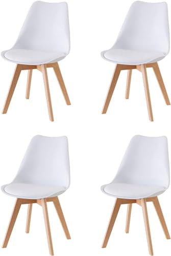 Baroni Home ESS- oder Bürostuhl mit Holzbeinen aus Buche, Ergonomischer Kunststoffstuhl mit integrierten Kissen, 50X48X82 cm (Weiß, 4)