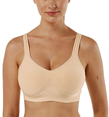 Vertvie Dam 1/2/3 set med enfärgad sportbehå utan bygel, bustier i klassisk modell och bekväm stretch, bh med medium stöd, vadderad må-bra-bh, Beige, L