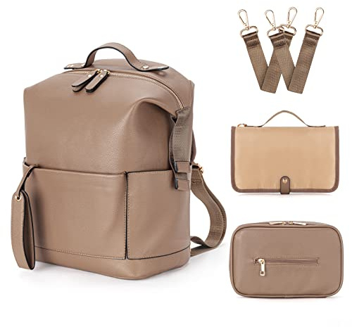 Mochila de bolsa de pañales de moda, organizador de bolsas de pañales de cuero con estación de cambio, mochilas de pañales de viaje para mamá y papá, Caqui, Normal, Elegante