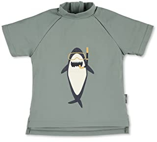 Sterntaler Badeshirt Kurzarm Hai Print - UV-Schutz 50+ Schwimmshirt mit Stehkragen - Jungen UV Shirt mit unterlegtem Reißverschluss hinten - Badebekleidung, mattgrün, Größe 116