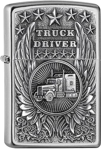 Zippo stormtändare – Trucker, Satin Chrome, Emblem – påfyllningsbar – återanvändbar – vindbeständig design – presentförpackning – tillverkad i USA