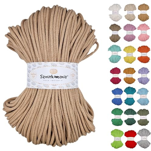 Braided Cotton Cord 5 mm 100 m, 46 Colours, Crochet Cord, Macrame Cord, Macrame Yarn, Premium Yarn, Macrame Rope, Sznurkomania (Caramel)