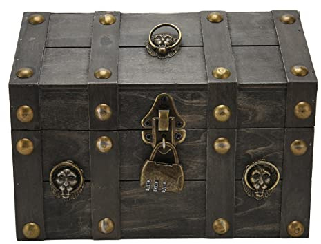 Wooden Treasure Chest Boxes, Hand Crafted Vintage Wooden Box with Mini Metal Lock Antique Style Storage Organizer Container for Storing Jewelry Treasure Pearl for Home Decor Great Christmas Xmas Gifts