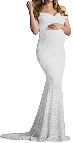 Vuncio Robe Long Grossesse Chic Et Elegant Manche Courte Col en V Robe à épaules Dénudées Enceinte Pas Cher Robe Maternité Fête Soirée Mariage Cérémonie Shooting Photo (White, M)