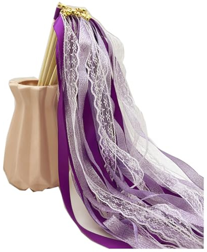 Qiantull Lot de 10 baguettes magiques de mariage avec clochettes et ruban en dentelle - Baguettes magiques à paillettes - Pour mariage, anniversaire, fête - Violet