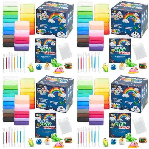 Air Dry Clay for Kids, 26 Colors Modelling Clay with 8 Tools, Project Booklet, 26 Poly Bags, Soft Ultra Light Magic Clay, Quick Drying Foam Clay for Children (26 Colors - Pack of 4)
