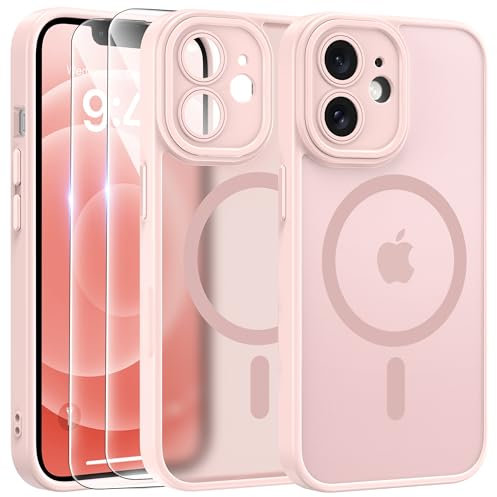 FLLAO Funda para iPhone 12, Compatible MagSafe, con 2 Piezas Protector de Pantalla Cristal Templado, [Protección de Cámara] Magnética Carcasa Translúcida Mate Trasera Fina Antigolpes, Rosa