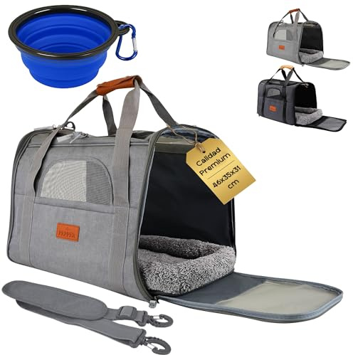 PEPPER® Transportin Gato Perro con Bebedero, Cojín Blando y Correa Ajustable Hombro | Transportin Perro Pequeño Transpirable y Ventilación 360 Cómodo y Seguro | Bolsa de Transporte Plegable 46x35x31cm