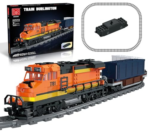Güterzug Bausteine Zug, Burlington Eisenbahn bausatz, mit wiederaufladbarem, motorisierten Arbeitskopf, 2 Waggons, Geschenk für Jungen und Mädchen im Alter von 12–16 Jahren (1065 Teile)