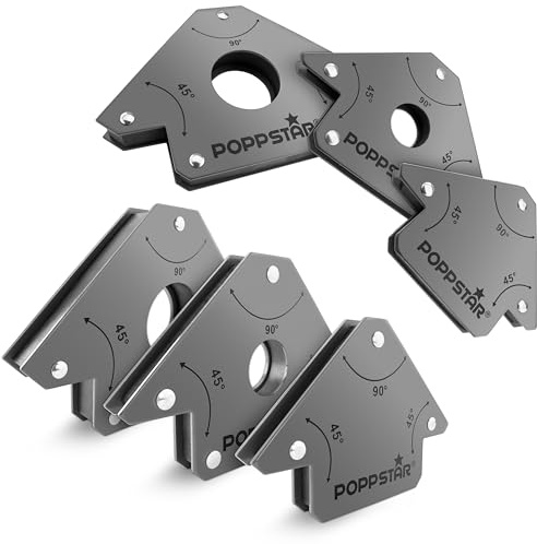 Poppstar Escuadra magnética (ángulo de soldadura, fuerza de sujeción 2x 11,3 kg - 45/90/135°, 2x 22,6 kg - 45/90/135°, 2x 34 kg - 45/90/135°), juego de 6, gris