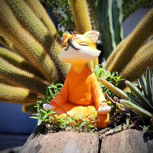JARPSIRY Meditierende Fuchs-Statue, Outdoor-Dekoration, Kunstharz, Zen-Tierfigur, sitzend in Yoga-Pose, Heimbüro, Schreibtischdekoration, Terrasse, Rasen, Garten, Hof, Pflanzgefäß, Ornamente (Orange)