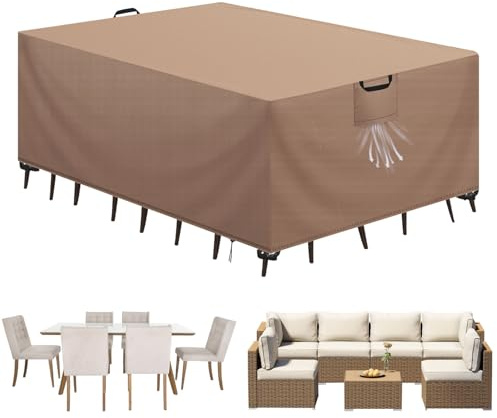 Aujink Funda Mesa Exterior Impermeable, Funda para Muebles de Jardín, Cubierta para Muebles de Jardin Tela Oxford 420D Anti Viento Anti UV Funda Protectora Mesa Exterior, Caqui,300x200x90cm