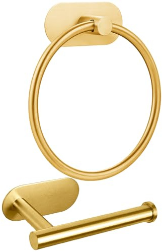 Selbstklebender Handtuchring und Toilettenpapierhalter, Ohne Bohren Edelstahl Badezimmer Hardware Set, Stabiles Badzubehör für Badezimmer oder Küche, Wandmontage Gold