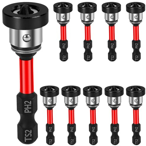 10 Pack Magnetic Drywall Screw Setter Bits, 50mm S2 Steel Screwdriver Bits with 1/4 Hex Shank, Removable Magnetic Ring for Controlled Screw Depth, Compatible with Electric Drill and Driver (Red)