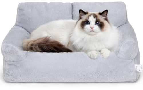 The Fellie Cat Sofa Bed, Calming Fluffy Cat Beds for Indoor Cats, Washable Soft Dog Sofa Bed with Removable Cover, Supportive Medium Dog Beds with Non-Slip Bottom, Grey, 65x46x30cm