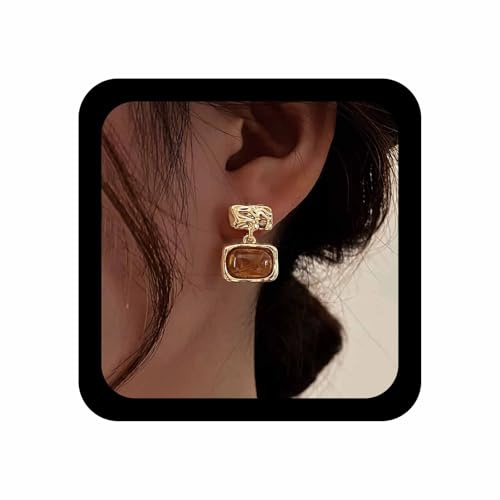 Cybche Pendientes de piedra preciosa marrón vintage, diseño de ojo de tigre ámbar, aretes colgantes cuadrados martillados, aretes geométricos cuadrados, aretes de gota irregulares para mujer, S, Zinc