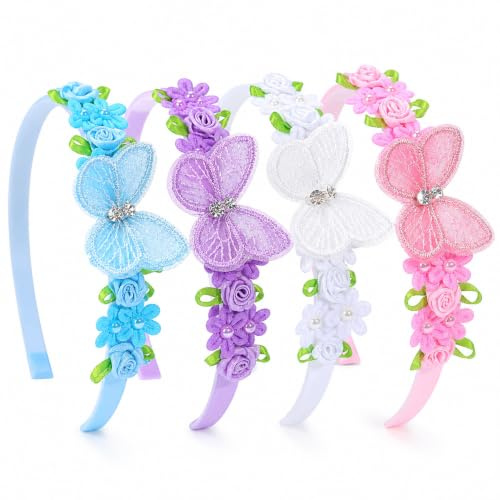VelvetGlow Lot de 4 serre-têtes papillon pour filles, serre-têtes fleur pour enfants et adolescentes, accessoires antidérapants