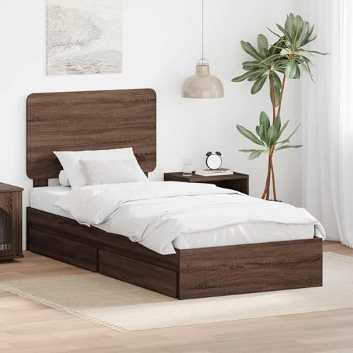 QJBSAVVA Single Bed Frame with Built-in Drawer Brown Oak Engineered Wood 90 x 190 cm Modern Storage Bed for Small Bedroom or Guest Room