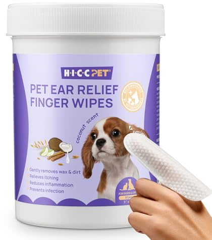 HICC PET Dog Ear Cleaner Wipes, Gently Remove Ear Wax, Odour and Smell, Comfort Pet Ear Discomfort, All-Natural Ingredients Ear Wipes for Dogs and Cats, 50 Count, Coconut Scent