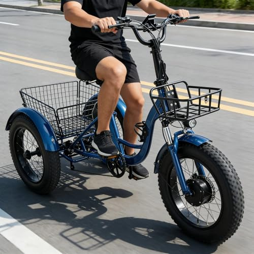 Triciclo Eléctrico De 24'' Y 7 Velocidades Para Adultos, Capacidad De Carga De 200Kg, Bicicleta De Ruedas Anchas Para Adultos, Bicicleta Familiar De 3 Ruedas Con Ruedas Anchas(Blue)