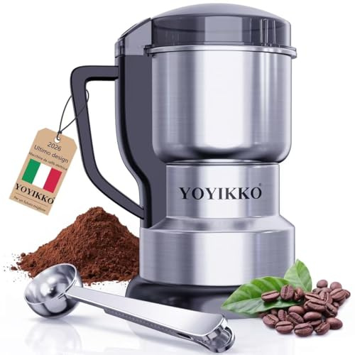 Macina Caffe' Elettrico 400W, Macina Caffè Multifunzione，Lame e Contenitore in Acciaio Inox，Macinacaffè Per caffè, spezie e altri alimenti (argento-X60)