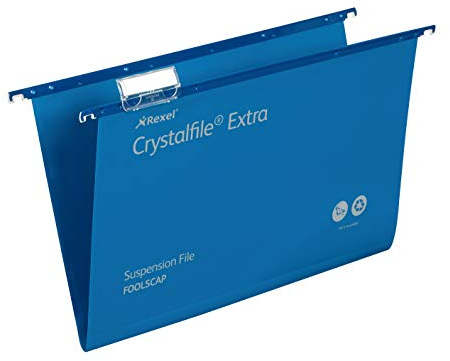 Rexel Foolscap Heavy Duty Suspension Files with Tabs and Inserts for Filing Cabinets, 15 mm base, Polypropylene, Blue, Crystalfile Extra, Pack of 25, 70630
