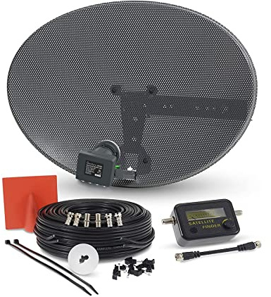 SSL Satellites Zone1 Dish Kit for SKY/Freesat/Astra/Polesat/Hotbird/Full HD, Latest MK4 Dish with Quad LNB, 30M Twin Black Cable, Signal Finder Satellite TV Finder, Brackets, Bolts, F Connectors