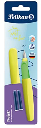 Pelikan Twist Füllhalter, Edelstahl-Feder in Strichbreite M inkl. 2 Tintenpatronen, neon gelb