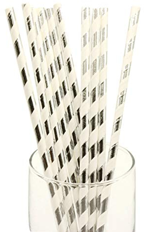 Paper Straws 100pcs Biodegradable Recyclable Drinking Straws for Party Birthday Wedding (Silver White Stripe)