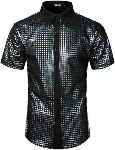 JOGAL Herren Pailletten Kleid Shirt 70er Disco Party Kustüm (Schwarz, Large)