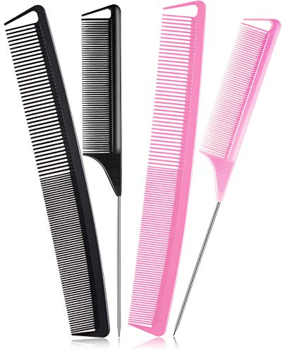 Patelai 4 Pieces Carbon Fiber Parting Rat Tail Comb Cutting Set, Includes Stainless Steel Pintail Teasing Comb, Fine and Wide Tooth Heat Resistant Hairdressing for Braids Hair Salon Home
