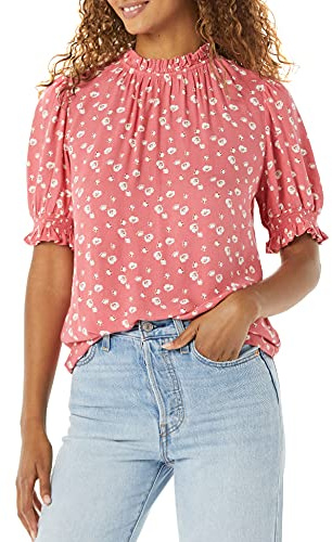 Amazon Essentials Blusa Chemisier Corta con Maniche A Sbuffo in Twill Fluido Donna, Rosso Lampone Floreale, XL