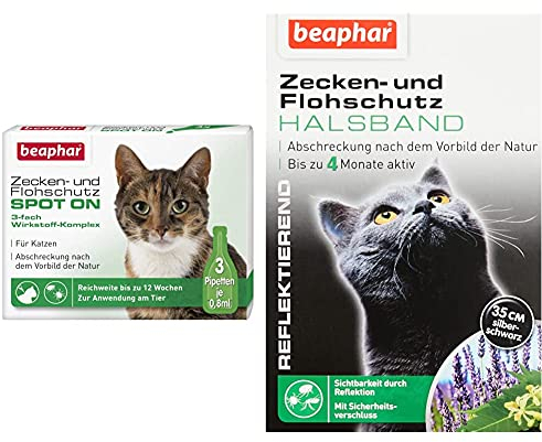 beaphar Zecken- und Flohschutz Spot On für Katzen, Zecken- und Flohschutz mit Margosa Extrakt, 3 x 0,8 ml & Flohschutz Halsband für Katzen | Zeckenschutz für Katzen