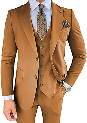 Wangyue Costume Homme 3 Pièces, Coupe Slim, Costumes pour Hommes, Mariage, Bal de Fin d'Études, Smoking pour Hommes, Costume de Business Formel, marron, L