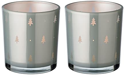 EDZARD 2er-Set Teelichtglas Tani (Höhe 8 cm, ø 7 cm) Motiv Tannen, außen grau, innen Gold - Windlicht, Kerzenglas Tannenbäume