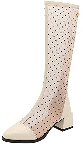 CUTEHEELS Summer Coolee - Botas altas de malla para tobillo y rodilla, con tacón de bloque y cremallera trasera para mujer