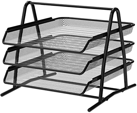 Detectalia Dokumentenablage aus Metall 3 Fächer Schwarz. Briefablage für A4 Dokument, Schreibtischablage, Aktenschränke, Computertisch, Schubladenorganisator, Schwarzes Metallgittermaterial