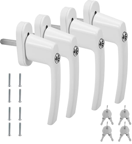 Eulenke - Poignée de Sécurité Verrouillable pour Fenêtre - Pack de 4 Blancs avec 8 Clés et Vis - Serrure pour Fenêtres en Aluminium avec Tige de 35 mm