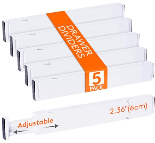 Lifewit Lot de 5 Séparateurs de Tiroirs de Cuisine, 6cm de hauteur, 40,6-55,9cm, Organisateurs de Tiroirs en Plastique pour Ustensiles/Vêtements/Maquillage, Dressing/Chambre/Salle de bain/Bureau