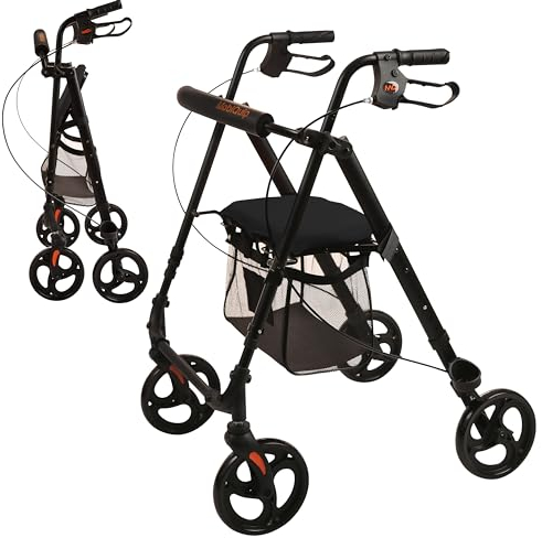 MobiQuip Lightweight 4-Wheel Aluminium Rollator with Seat, 6.4kg - Black Frame with Black Seat - Folding Mobility Walker with Basket, Loop Brakes, Walking Stick Holder - Height Adjustable