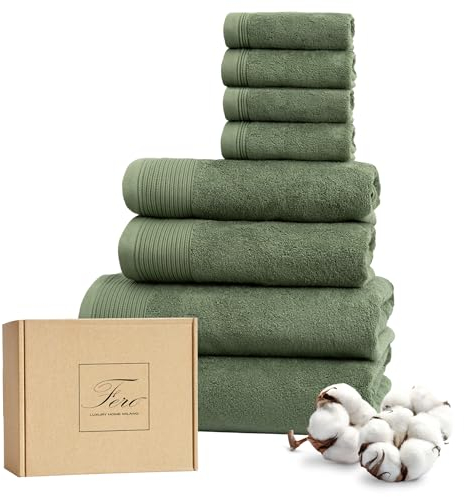 Ferò Luxus Handtücher Set Baumwolle, 8 Teile, Low Twist Baumwolle, 550 g/m², Oeko-TEX, Italienisches Design, 2 handtücher 70x140cm, 2 Handtuch 50x100cm, 4 Gästehandtuch 30x30cm, Grün
