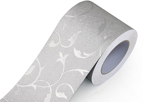 Jodimitty PVC Wallpaper Border Self Adhesive 5 Meter x 10cm Silver Leaf Vine Pattern Decorative Wall Border Waterproof Peel Stick Borders for Bedroom Living Room Entrance Hallway