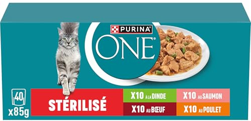 PURINA ONE | Chat Adulte Stérilisé | Soutient la vitalité du Chat, Les Muscles et Les articulations | Effilés en Sauce | Bœuf, Poulet, Saumon, Dinde | Sachets Fraîcheur |Lot de 40 x 85g