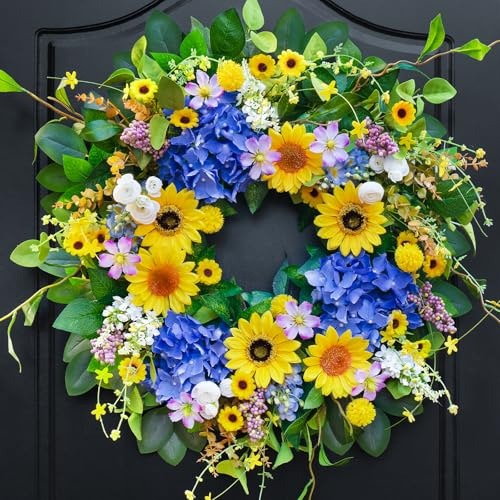 Pinkpuii Spring Wreaths for Front Door Outside- 24 Inch Spring Summer Wreath with Sunflowers,Lifelike Blue Hydrangea Flower Wreath for Indoor Outdoor Mantel,Window,Wall,Home Firplace Hanging Decor