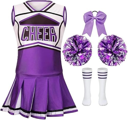 LMYOVE Classic Purple 5-Piece Cheerleading Set for Kids - Includes Top, Skirt, Pom Poms, Headband, and Socks, 4-5Y