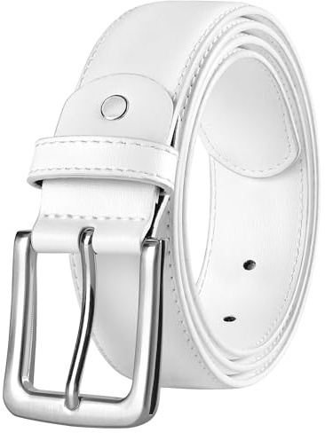 EsengNoyi White Leather Belts for Men Jeans Trousers, Silver Buckle, XL