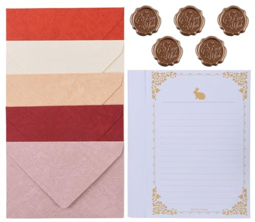 DOKRIN Carta da lettere Set di 20 articoli di cancelleria vintage, 5 buste + 10 articoli di cancelleria bianchi in pizzo + 5 sigilli di ceralacca, buste kraft, adatti per compleanni, inviti di nozze