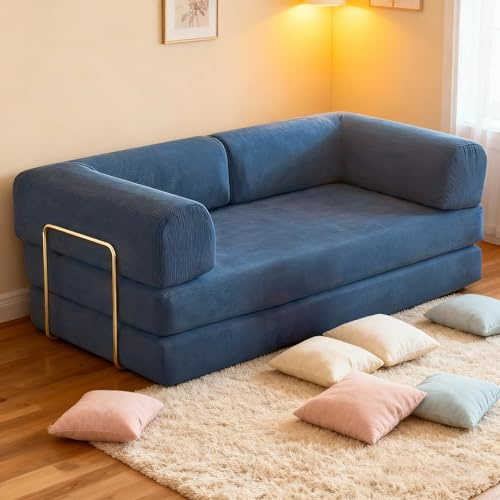Kgfvesdc Ecksofa mit Wohnlandschaft, Eckcouch L-Form, Sofa 3-sitzer, Polstersofa,Cordbezug & Kissen,montagefrei,für Wohnzimmer und Schlafzimmer als Lounge oder Gästebett(Blau/1 Rückenlehne/2M)